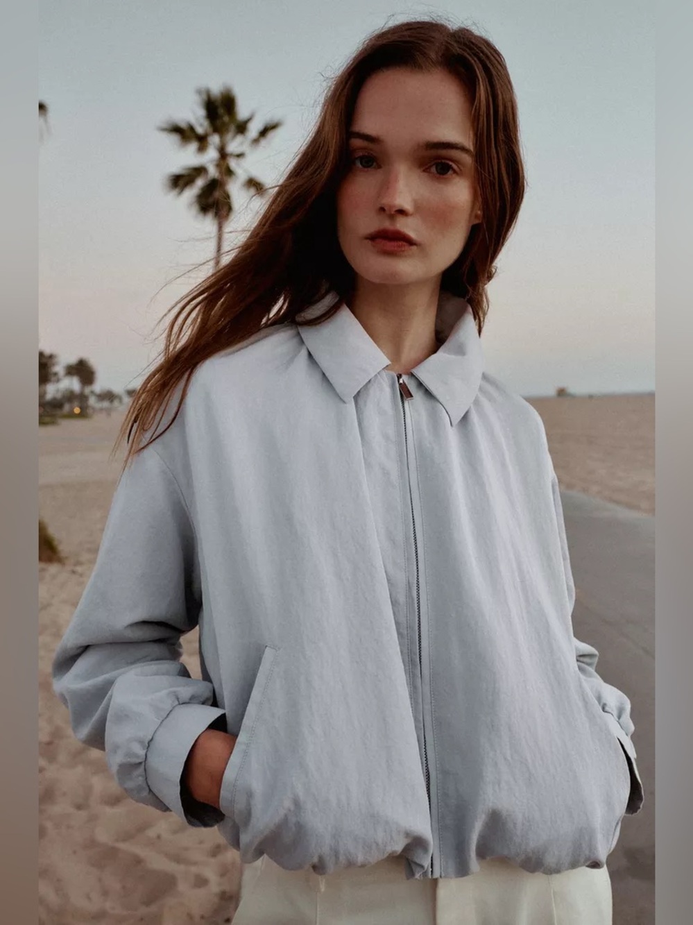 Zara Light Blue Gray Women's Zip-Front Bomber Jacket